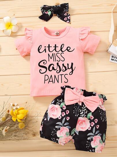 Vintaside Kids تي شيرت بطية جرافيكية و شورت زهري و حزام للرأس لفتاة صغيرة