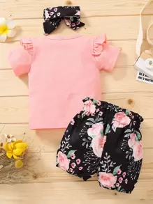 SHEIN Vintaside Kids Young Girl Letter Graphic Tee & Floral Shorts & Headband - Multicolor - View 2