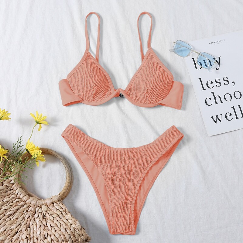 

Smocked Underwire Bikini Swimsuit, Coral pink