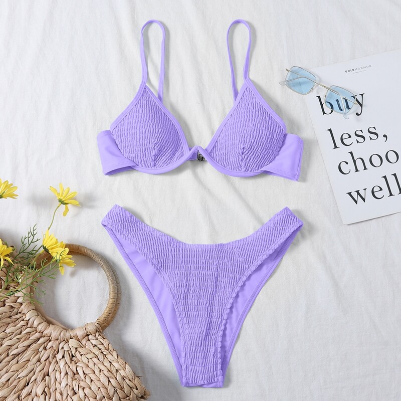 

Smocked Underwire Bikini Swimsuit, Lilac purple