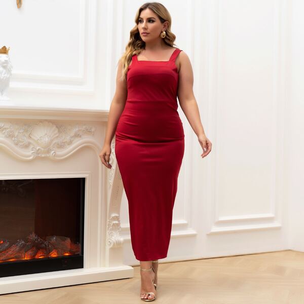 

Plus Split Thigh Solid Cami Dress, Red