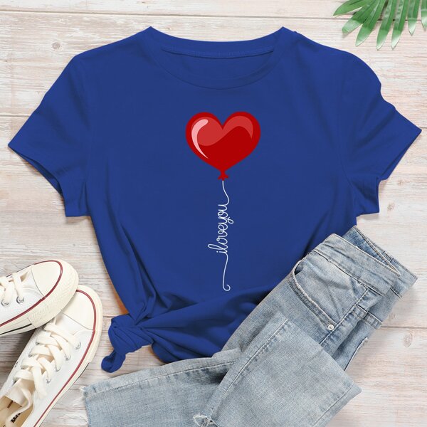 

Heart & Slogan Graphic Round Neck Tee, Royal blue