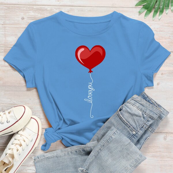 

Heart & Slogan Graphic Round Neck Tee, Blue