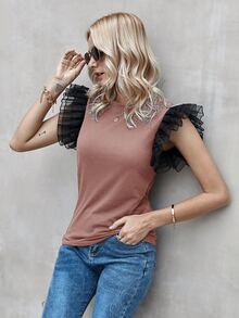 Einfarbiges T-Shirt mit Rüschen - Altrosa - Übersicht 3