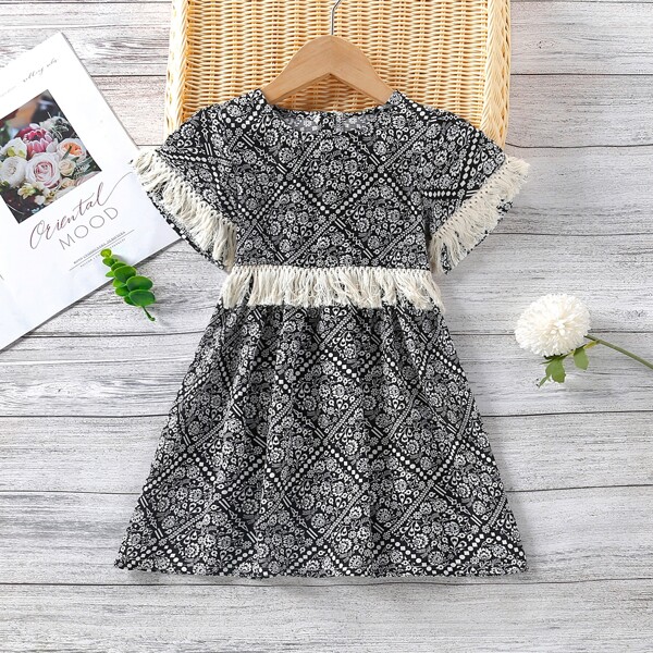 

Toddler Girls Floral Print Fringe Trim A-line Dress, Black
