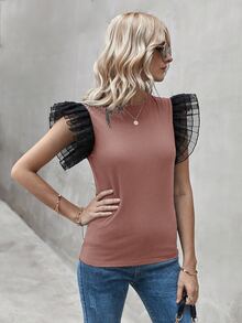 Einfarbiges T-Shirt mit Rüschen - Altrosa - Übersicht 5