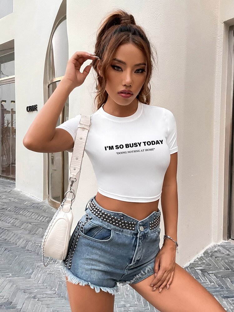 Slogan Graphic Crop Tee - White - View 5