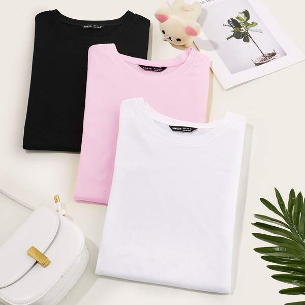 

3pcs Solid Short Sleeve Tee, Multicolor