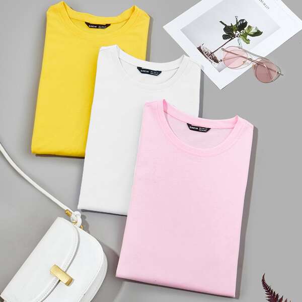 

3pcs Solid Short Sleeve Tee, Multicolor