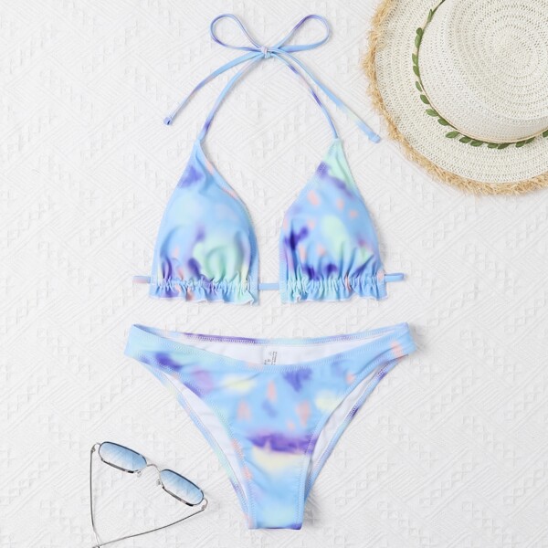 

Tie Dye Frill Trim Halter Bikini Swimsuit, Multicolor