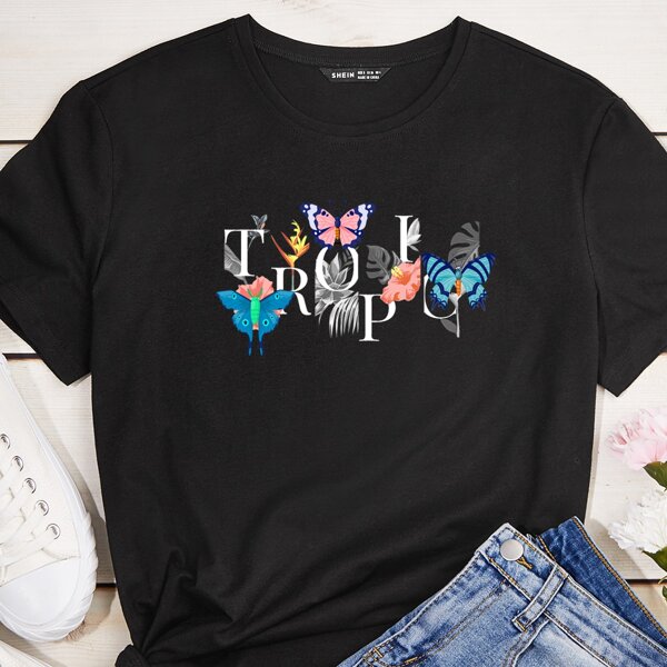 

Butterfly And Letter Graphic Tee, Black