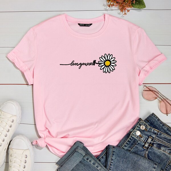 

Slogan & Floral Print Short Sleeve Tee, Baby pink