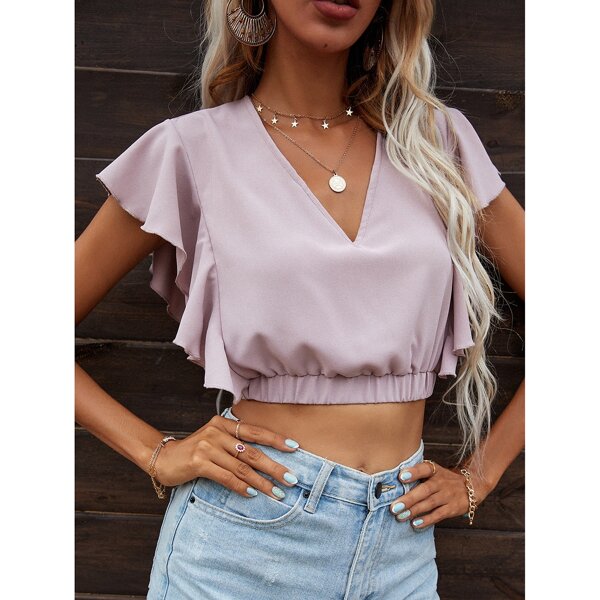 

Solid Butterfly Sleeve Top, Lilac purple