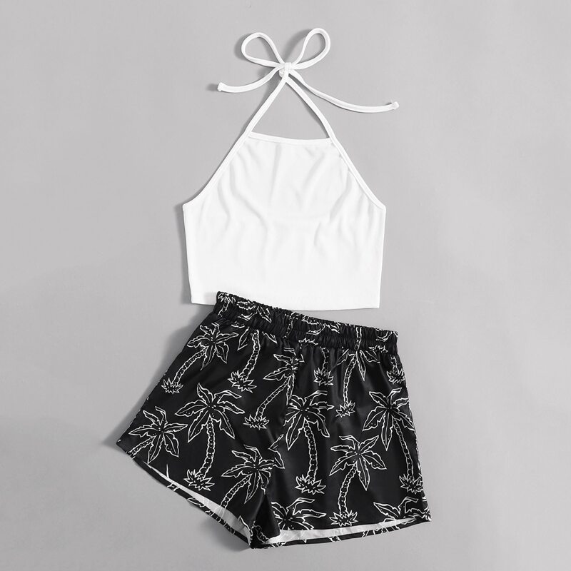 

Solid Ribbed Halter Top & Coconut Tree Graphic Shorts, Black and white