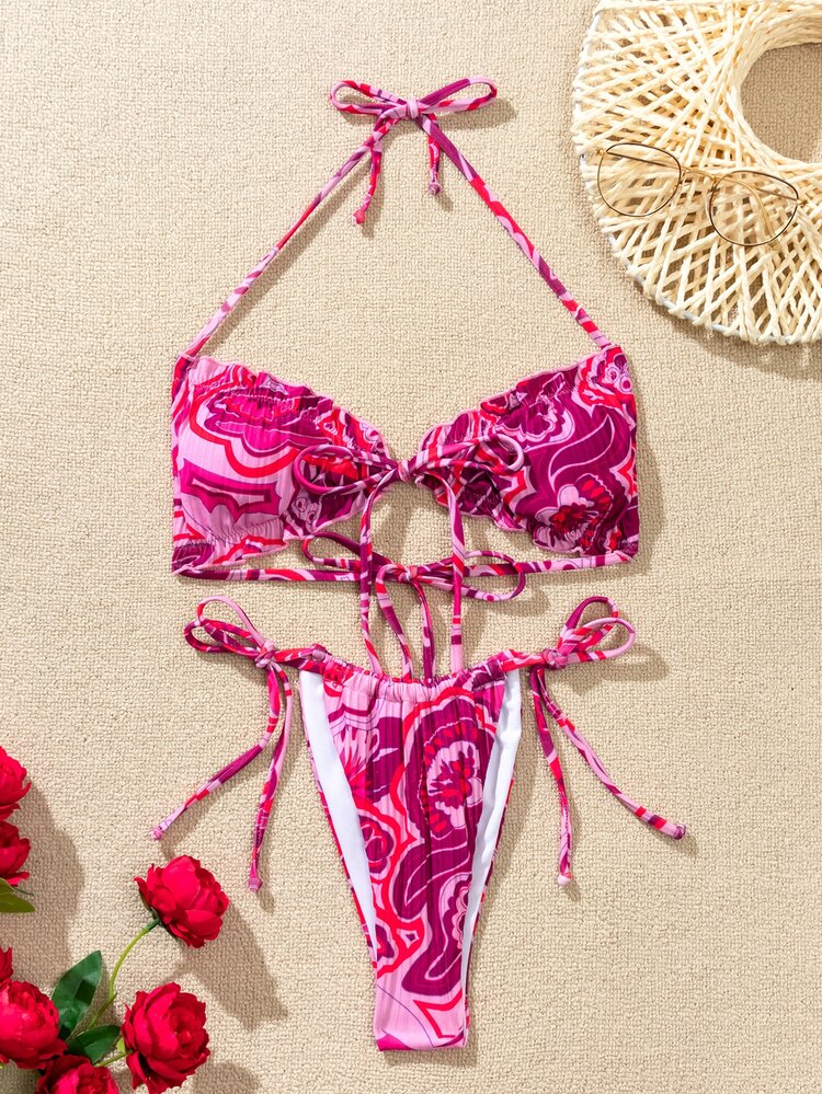 Allover Graphic Frill Trim Thong Bikini - Hot Pink - View 1