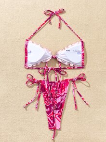 Allover Graphic Frill Trim Thong Bikini - Hot Pink - View 2