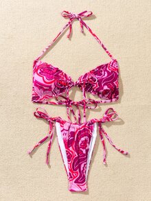 Allover Graphic Frill Trim Thong Bikini - Hot Pink - View 3