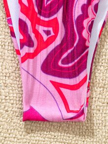 Allover Graphic Frill Trim Thong Bikini - Hot Pink - View 4