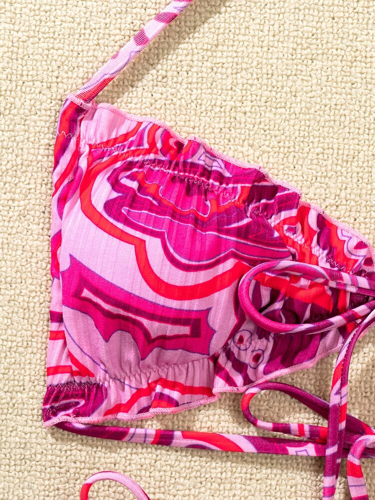 Allover Graphic Frill Trim Thong Bikini - Hot Pink - View 5
