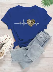 SHEIN LUNE Electrocardiogram Print Round Neck T-Shirt - Royal Blue - View 1