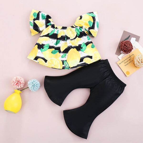 

Baby Girl Lemon Print Top With Flare Leg Pants, Multicolor