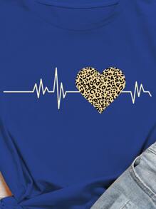 SHEIN LUNE Electrocardiogram Print Round Neck T-Shirt - Royal Blue - View 4
