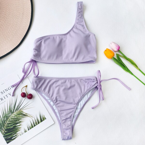 

Rib One Shoulder High Cut Bikini Swimsuit, Mauve purple