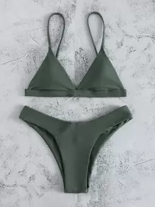 适合夏季海滩度假的纯色高腰比基尼 - 軍綠色 - 查看 4