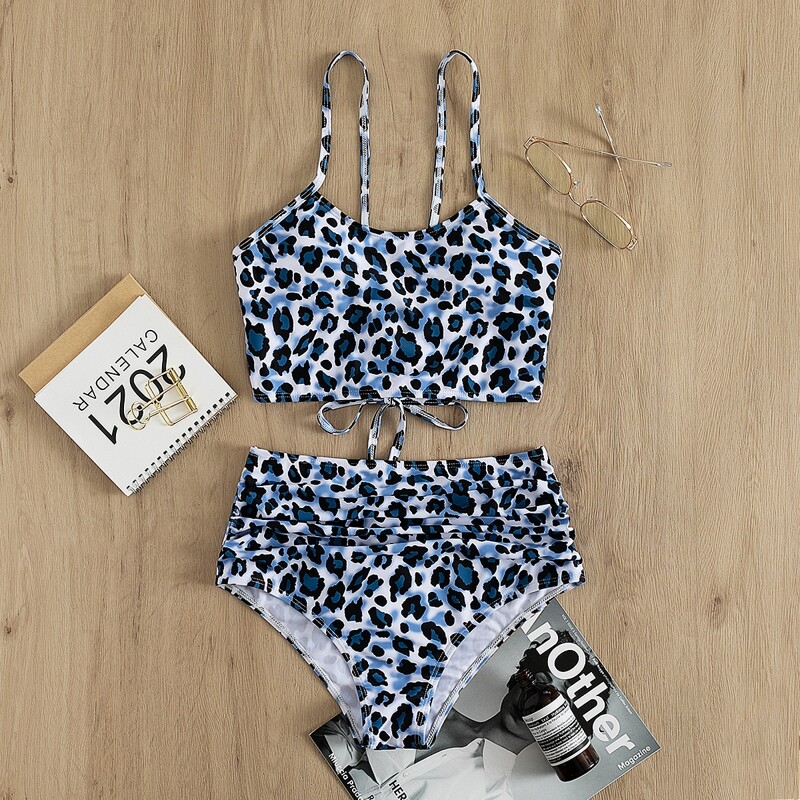 

Leopard Ruched High Waisted Bikini Swimsuit, Multicolor