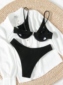 SHEIN Swim 紋理有底托高腰比基尼泳裝，夏日沙灘必備 - 黑色 - 查看 2