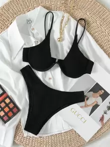SHEIN Swim 紋理有底托高腰比基尼泳裝，夏日沙灘必備 - 黑色 - 查看 3