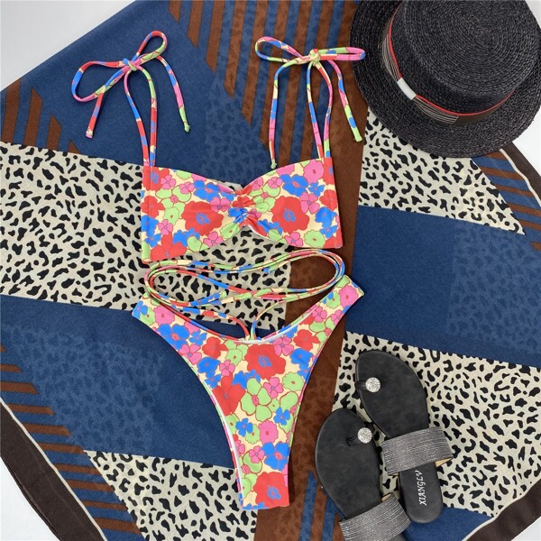 

Floral Ruched Tie Shoulder Bikini Swimsuit, Multicolor