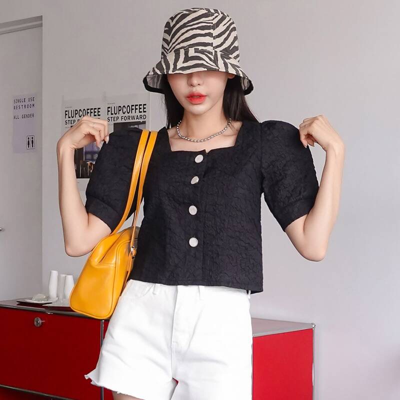 

Solid Square Neck Puff Sleeve Blouse, Black