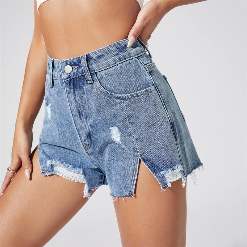 

Zipper Fly Ripped Detail Split Hem Denim Shorts, Light wash