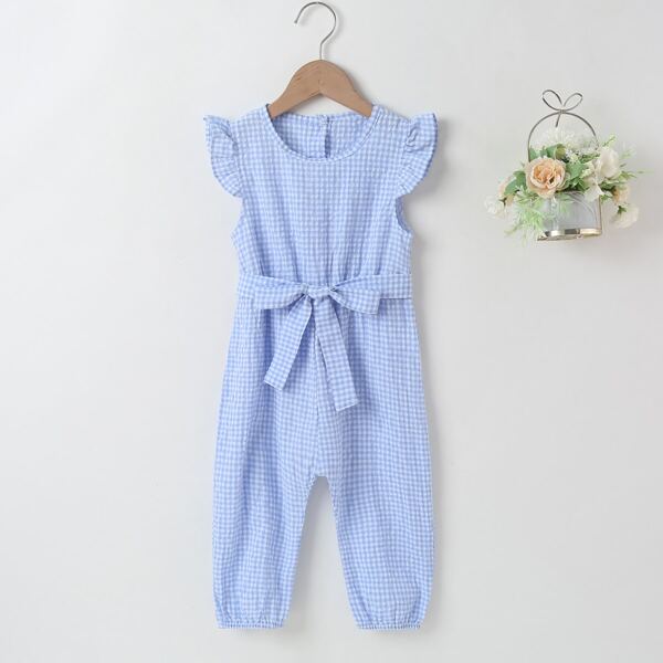 

Toddler Girls Ruffle Trim Belted Gingham Jumpsuit, Blue
