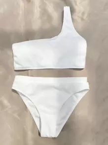 Summer Textured One Shoulder Bikini - White - View 1