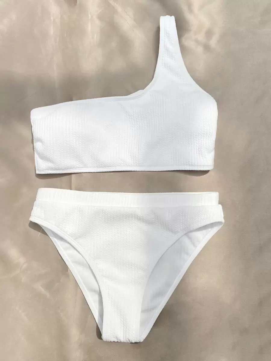 Summer Textured One Shoulder Bikini - White - View 1