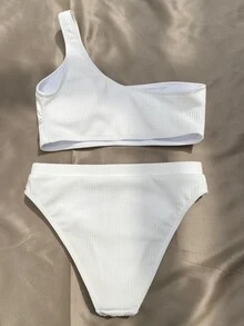 Summer Textured One Shoulder Bikini - White - View 2
