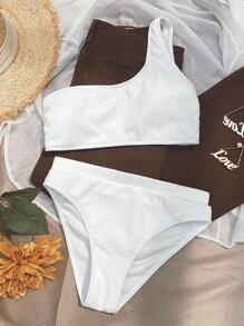 Summer Textured One Shoulder Bikini - White - View 3
