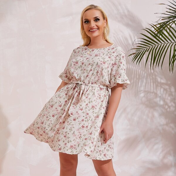 

Plus Ditsy Floral Belted A-line Dress, Multicolor