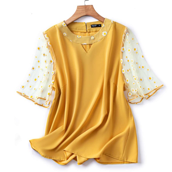 

Plus Daisy Floral Mesh Sleeve Keyhole Neck Blouse, Yellow
