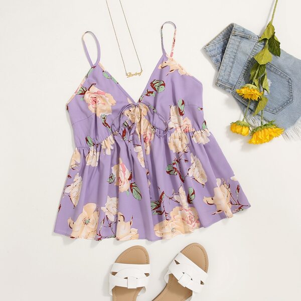 

Plus Floral Tie Front Shirred Back Chiffon Cami Top, Lilac purple