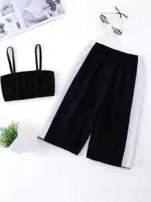 女孩素色吊帶上衣和側織帶褲子 - 黑色 - 查看 1