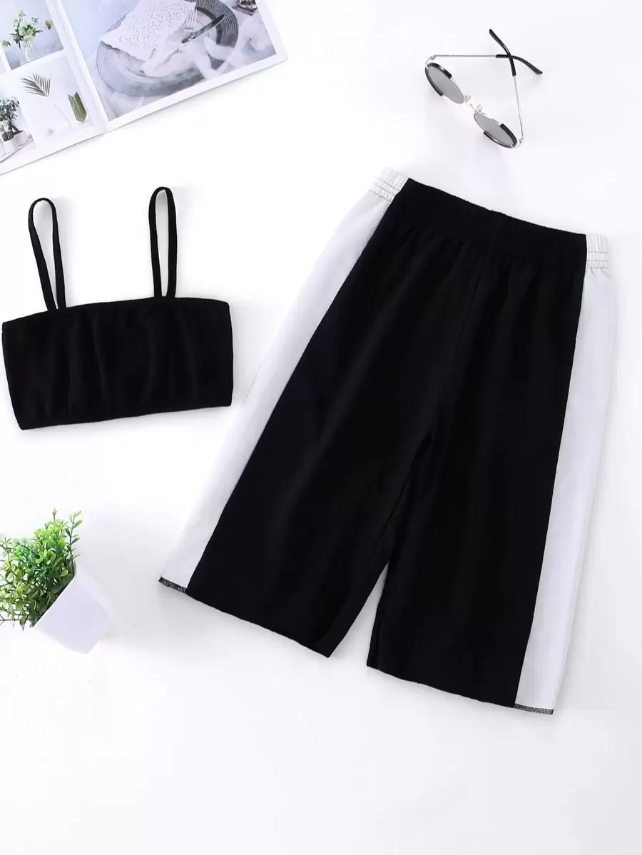 女孩素色吊帶上衣和側織帶褲子 - 黑色 - 查看 1