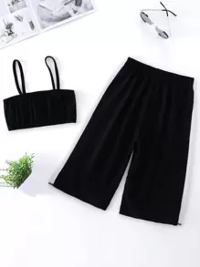 女孩素色吊帶上衣和側織帶褲子 - 黑色 - 查看 2