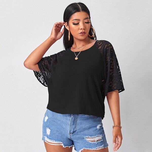 

Plus Contrast Lace Raglan Sleeve Tee, Black
