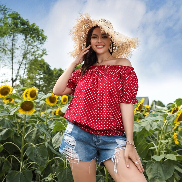 

Plus Polka Dot Ruffle Trim Blouse, Red