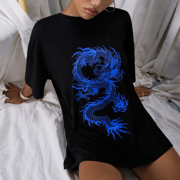 

Chinese Dragon Graphic Oversized Longline Tee, Black