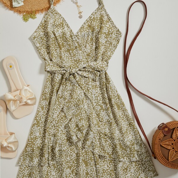 

Leaves Print Surplice Neck Belted Cami Dress, Olive green