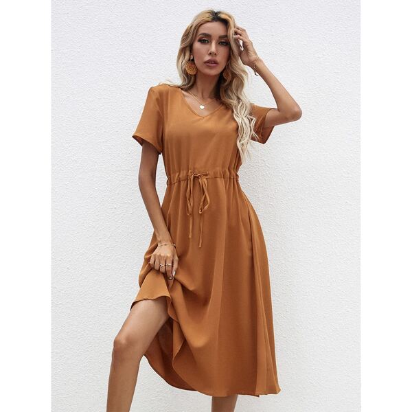 

V Neck Tie Waist Solid Dress, Brown